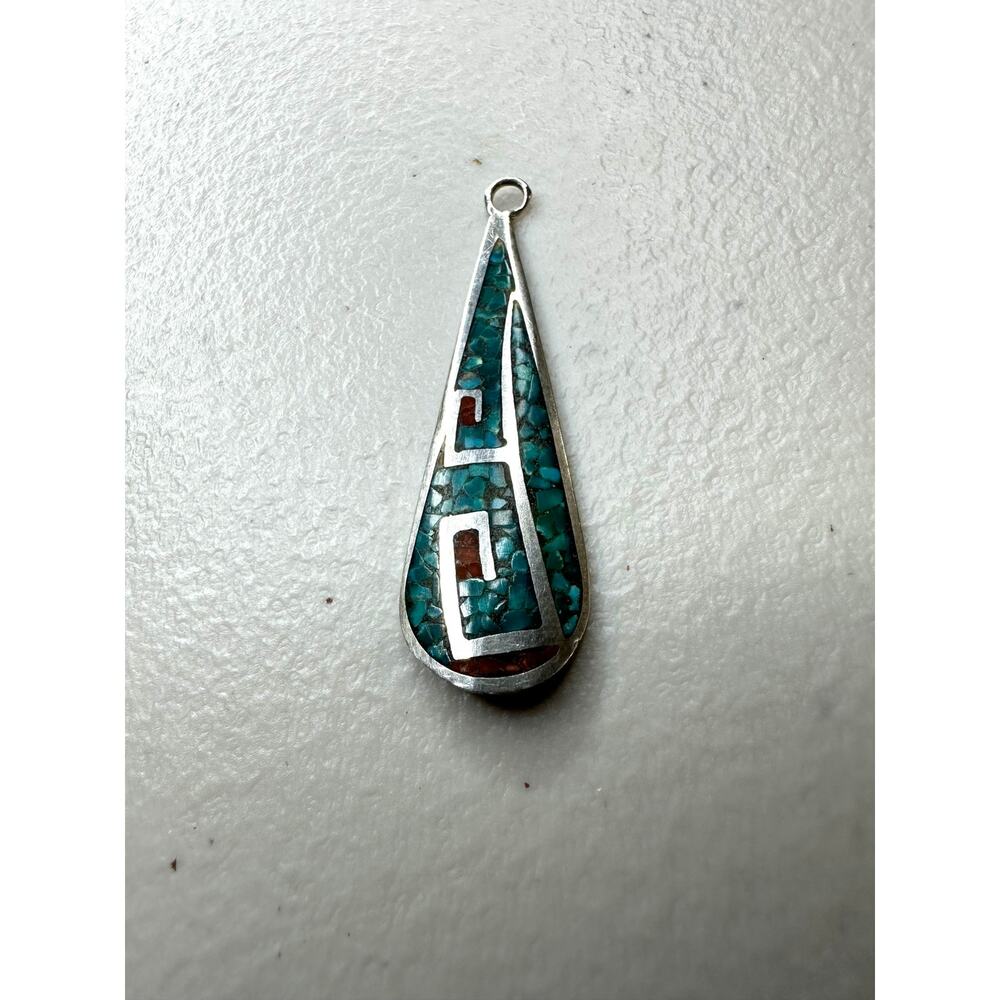 Vintage Southwestern Sterling Silver Turquoise Coral Inlay Geometric Pendant